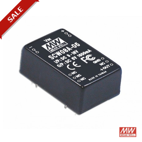 SCW08A-12 - SCW08A-12 MEANWELL DC-DC Converter for PCB mount, Input 9-18VDC, Output 12VDC / 670mA, DIP Through hole pack..