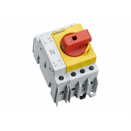 33843 - 33843 WÖHNER Capus SD Panel, 25A, 3p+N Switch-Seationer, 1.5-16mm2 Flange Terminal, Red/Yellow Lever