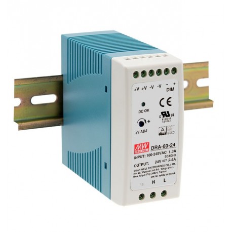 DRA-60-24 - DRA-60-24 MEANWELL AC-DC Industrial DIN rail power supply, Output 24VDC / 2.5A, Dimming 0-10VDC PWM Resistan..