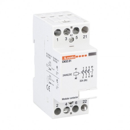 CN3201024 - CN3201024 LOVATO MODULAR CONTACTOR, THREE-POLE OR FOUR-POLE, 32A AC1, 24VAC/DC (3NO+1NC)