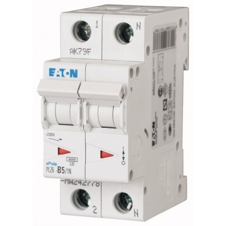 PLZ6-D5/1N-MW - PLZ6-D5/1N-MW 242827 EATON ELECTRIC Over current switch, 5A, 1pole+N, type D characteristic