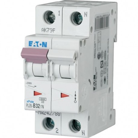 PLZ6-D32/1N-MW - PLZ6-D32/1N-MW 242837 Y7-242837 EATON ELECTRIC Over current switch, 32A, 1pole+N, type D characteristic