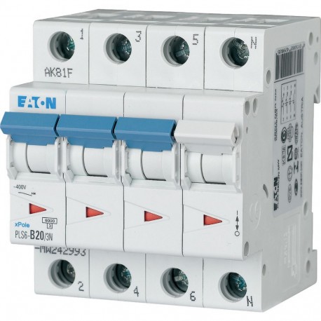 PLS6-B20/3N-MW - PLS6-B20/3N-MW 242993 Y7-242993 EATON ELECTRIC Over current switch, 20A, 3pole+N, type B characteristic