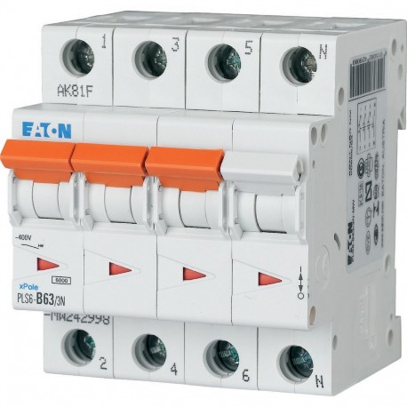 PLS6-B63/3N-MW - PLS6-B63/3N-MW 242998 Y7-242998 EATON ELECTRIC Over current switch, 63A, 3pole+N, type B characteristic
