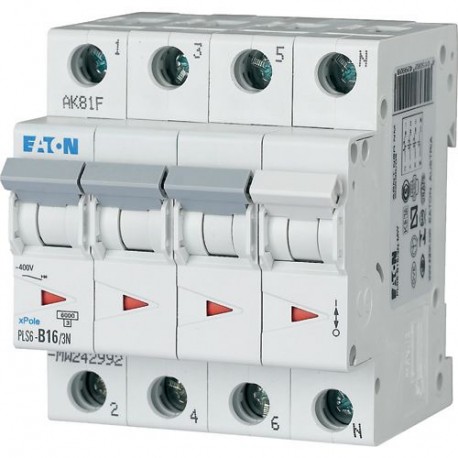 PLS6-D16/3N-MW - PLS6-D16/3N-MW 243041 Y7-243041 EATON ELECTRIC Over current switch, 16A, 3pole+N, type D characteristic
