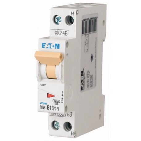PLN6-C13/1N - PLN6-C13/1N 283025 EATON ELECTRIC Over current switch, 13A, 1pole+N, type C characteristic