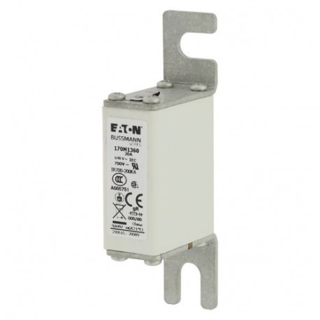 FUSE 20A 690V 000/80 GR UC - FUSE 20A 690V 000/80 GR UC 170M1360 EATON ELECTRIC Fuse-link, high speed, 20 A, AC 690 V, DIN 000, 21 x 40 x..