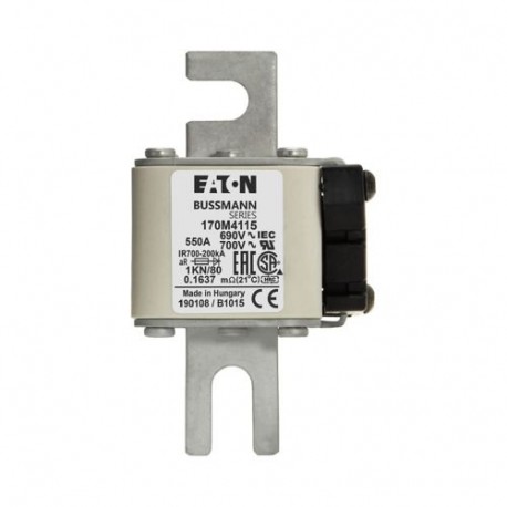 FUSE 550A 690V 1KN/80 AR UC - FUSE 550A 690V 1KN/80 AR UC 170M4115 EATON ELECTRIC Fuse-link, high speed, 550 A, AC 690 V, DIN 1, 53 x 69 x..