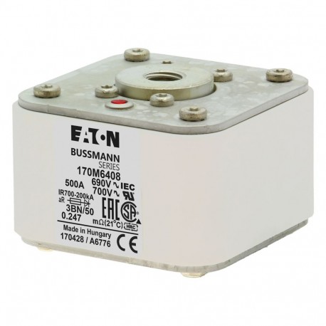 FUSE 500A 690V 3BN/50 AR UC - FUSE 500A 690V 3BN/50 AR UC 170M6408 EATON ELECTRIC Fuse-link, high speed, 500 A, AC 690 V, size 3, aR, IEC,..