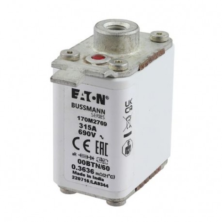 FUSE 315A 690V 00BTN/60 AR - FUSE 315A 690V 00BTN/60 AR 170M2769 EATON ELECTRIC Fuse-link, high speed, 315 A, AC 690 V, size 00, 30 x 62 ..