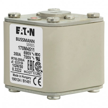 FUSE 350A 690V 1GN/50 AR UC - FUSE 350A 690V 1GN/50 AR UC 170M4511 EATON ELECTRIC Fuse-link, high speed, 350 A, AC 690 V, size 1, 53 x 69 ..