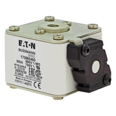 FUSE 500A 690V 2BKN/50 AR UC - FUSE 500A 690V 2BKN/50 AR UC 170M5460 EATON ELECTRIC Fuse-link, high speed, 500 A, AC 690 V, size 2, aR, IEC..