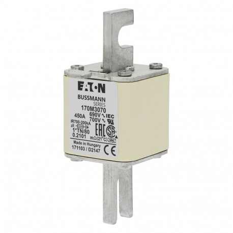 FUSE 450A 690V 1*TN/80 AR UC - FUSE 450A 690V 1*TN/80 AR UC 170M3070 EATON ELECTRIC Fuse-link, high speed, 450 A, AC 690 V, compact DIN 1, ..
