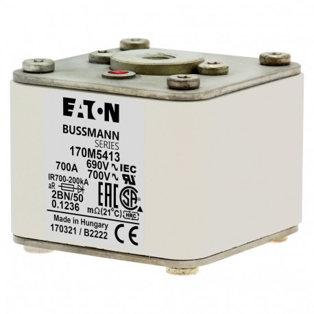 FUSE 700A 690V 2BN/50 AR UC - FUSE 700A 690V 2BN/50 AR UC 170M5413 EATON ELECTRIC Fuse-link, high speed, 700 A, AC 690 V, size 2, 61 x 77 ..