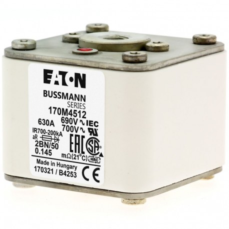 FUSE 630A 690V 2BN/50 AR UC - FUSE 630A 690V 2BN/50 AR UC 170M5412 EATON ELECTRIC Fuse-link, high speed, 630 A, AC 690 V, size 2, 61 x 77 ..