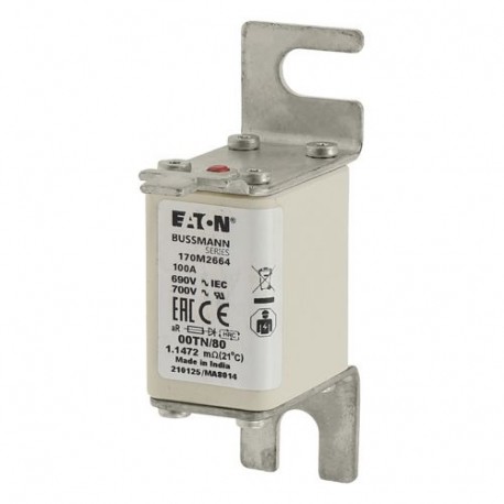 FUSE 100A 690V 00TN/80 AR UR - FUSE 100A 690V 00TN/80 AR UR 170M2664 EATON ELECTRIC Fuse-link, high speed, 100 A, AC 690 V, DIN 00, aR, DIN..