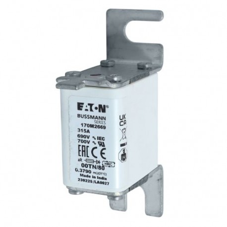 FUSE 315A 690V 00TN/80 AR UR - FUSE 315A 690V 00TN/80 AR UR 170M2669 EATON ELECTRIC Fuse-link, high speed, 315 A, AC 690 V, DIN 00, aR, DIN..