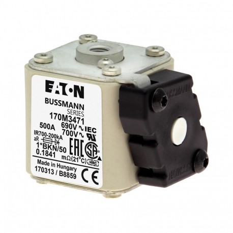 FUSE 500A 690V 1*BKN/50 AR UC - FUSE 500A 690V 1*BKN/50 AR UC 170M3471 EATON ELECTRIC Fuse-link, high speed, 500 A, AC 690 V, compact size 1..