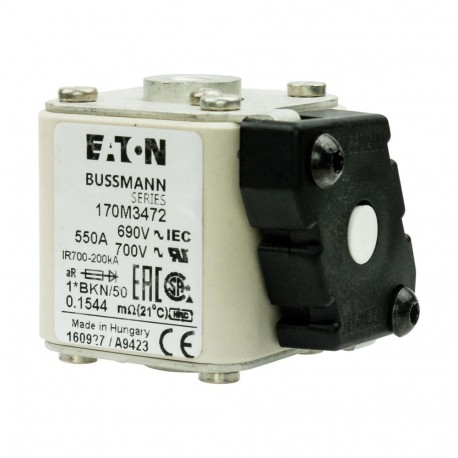FUSE 550A 690V 1*BKN/50 AR UC - FUSE 550A 690V 1*BKN/50 AR UC 170M3472 EATON ELECTRIC Fuse-link, high speed, 550 A, AC 690 V, compact size 1..