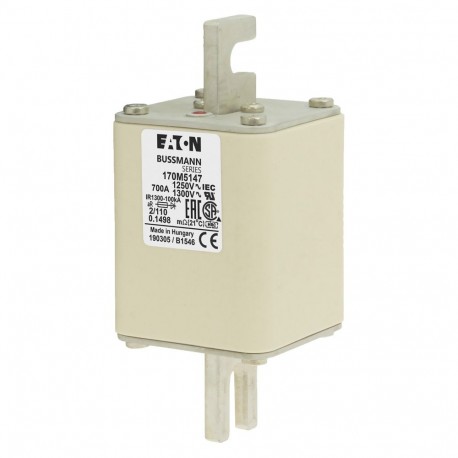FUSE 700A 1250V 2/110 AR CU - FUSE 700A 1250V 2/110 AR CU 170M5147 EATON ELECTRIC Fuse-link, high speed, 700 A, AC 1250 V, size 2, 61 x 75..