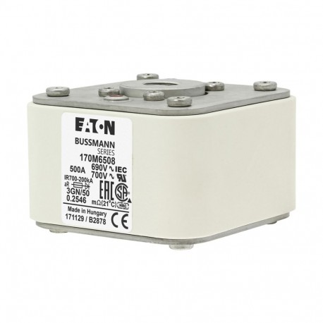 FUSE 500A 690V 3GN/50 AR UC - FUSE 500A 690V 3GN/50 AR UC 170M6508 EATON ELECTRIC Fuse-link, high speed, 500 A, AC 690 V, size 3, 76 x 92 ..