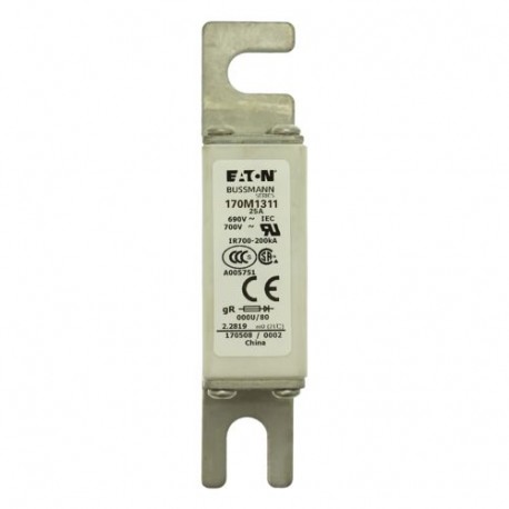FUSE 25A 690V 000U/80 GR UC - FUSE 25A 690V 000U/80 GR UC 170M1311 EATON ELECTRIC Fuse-link, high speed, 25 A, AC 690 V, DIN 000, 21 x 40 ..