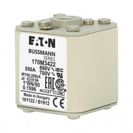 FUSE 550A 690V 1*BN/50 AR UC - FUSE 550A 690V 1*BN/50 AR UC 170M3422 EATON ELECTRIC Fuse-link, high speed, 550 A, AC 690 V, compact size 1,..