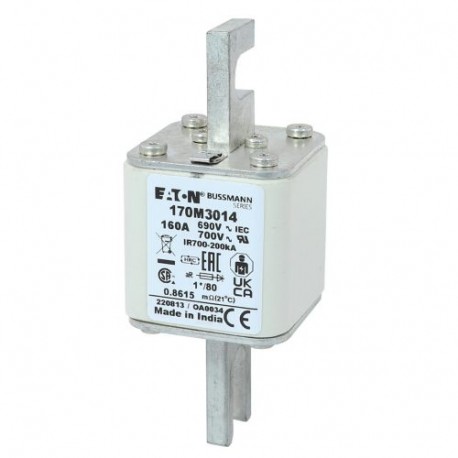 FUSE 160A 690V 1*/80 AR UC - FUSE 160A 690V 1*/80 AR UC 170M3014 EATON ELECTRIC Fuse-link, high speed, 160 A, AC 690 V, compact DIN 1, 45..