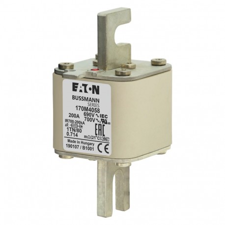 FUSE 200A 690V 1TN/80 AR UC - FUSE 200A 690V 1TN/80 AR UC 170M4058 EATON ELECTRIC Fuse-link, high speed, 200 A, AC 690 V, DIN 1, 53 x 66 x..