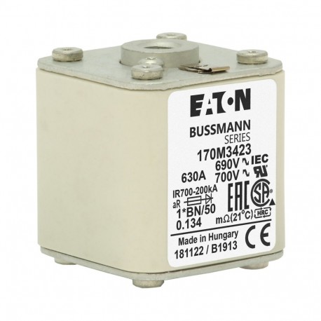 FUSE 630A 690V 1*BN/50 AR UC - FUSE 630A 690V 1*BN/50 AR UC 170M3423 EATON ELECTRIC Fuse-link, high speed, 630 A, AC 690 V, compact size 1,..