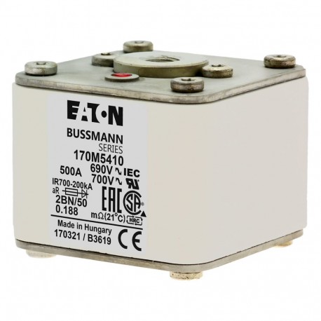 FUSE 500A 690V 2BN/50 AR UC - FUSE 500A 690V 2BN/50 AR UC 170M5410 EATON ELECTRIC Fuse-link, high speed, 500 A, AC 690 V, size 2, 61 x 77 ..