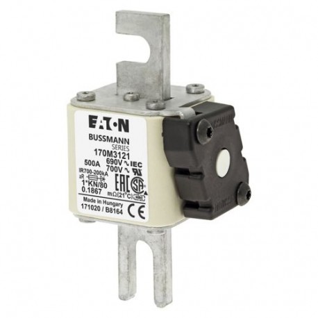 FUSE 500A 690V 1*KN/80 AR UC - FUSE 500A 690V 1*KN/80 AR UC 170M3121 EATON ELECTRIC Fuse-link, high speed, 500 A, AC 690 V, compact DIN 1, ..