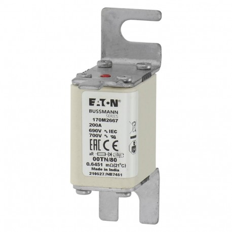 FUSE 200A 690V 00TN/80 AR UR - FUSE 200A 690V 00TN/80 AR UR 170M2667 EATON ELECTRIC Fuse-link, high speed, 200 A, AC 690 V, DIN 00, aR, DIN..