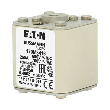 FUSE 250A 690V 1*BN/50 AR UC - FUSE 250A 690V 1*BN/50 AR UC 170M3416 EATON ELECTRIC Fuse-link, high speed, 250 A, AC 690 V, compact size 1,..