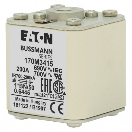 FUSE 200A 690V 1*BN/50 AR UC - FUSE 200A 690V 1*BN/50 AR UC 170M3415 EATON ELECTRIC Fuse-link, high speed, 200 A, AC 690 V, compact size 1,..