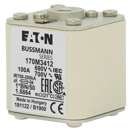 FUSE 100A 690V 1*BN/50 AR UC - FUSE 100A 690V 1*BN/50 AR UC 170M3412 EATON ELECTRIC Fuse-link, high speed, 100 A, AC 690 V, compact size 1,..