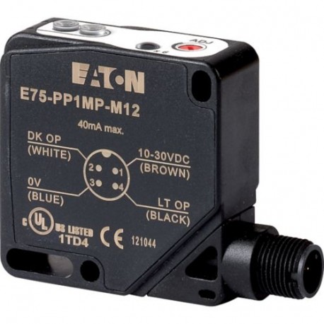 E75-PP1MP-M12 - E75-PP1MP-M12 166997 EATON ELECTRIC Detector Photoelectric HxWxD 50x18x50mm Sn 6-120cm 10 30 V DC PNP Connec..