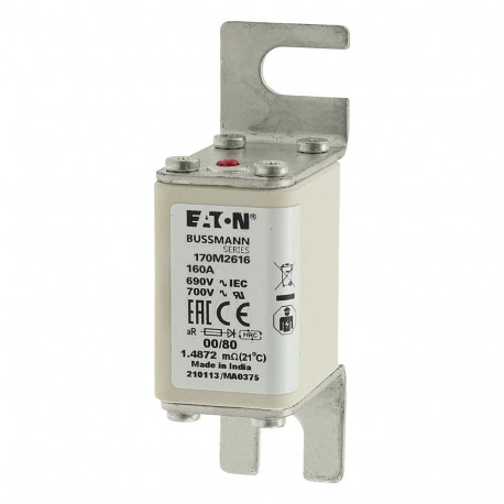 FUSE 160A 690V 00/80 AR UR - FUSE 160A 690V 00/80 AR UR 170M2616 EATON ELECTRIC Fuse-link, high speed, 160 A, AC 690 V, DIN 00, 30 x 51 x..