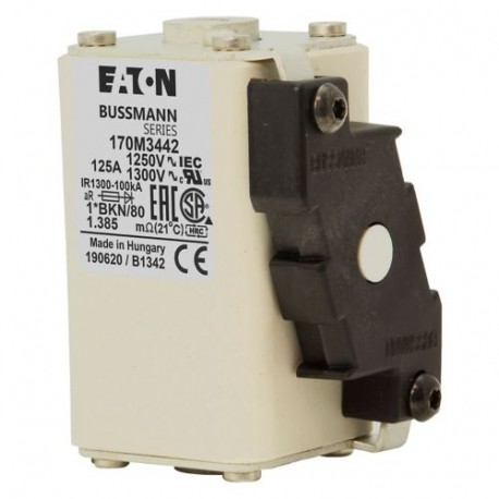 FUSE 125A 1250V 1*BKN/80 AR CU - FUSE 125A 1250V 1*BKN/80 AR CU 170M3442 EATON ELECTRIC Fuse-link, high speed, 125 A, AC 1250 V, compact size..