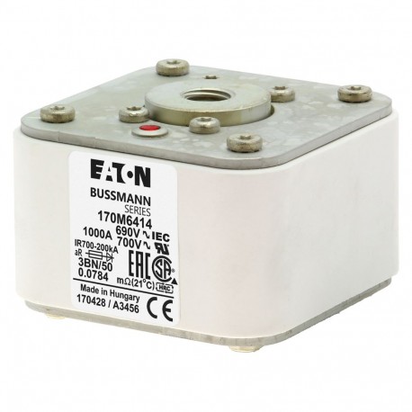 FUSE 1000A 690V 3BN/50 AR UC - FUSE 1000A 690V 3BN/50 AR UC 170M6414 EATON ELECTRIC Fuse-link, high speed, 1000 A, AC 690 V, size 3, aR, IE..