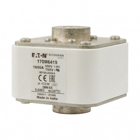 FUSE 1600A 690V 3BN/65 AR UC - FUSE 1600A 690V 3BN/65 AR UC 170M6419 EATON ELECTRIC Fuse-link, high speed, 1600 A, AC 690 V, size 3, aR, IE..