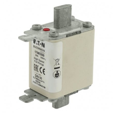 FUSE 80A 690V DIN 00 GR - FUSE 80A 690V DIN 00 GR 170M2699 EATON ELECTRIC Fuse-link, high speed, 80 A, AC 690 V, DIN 00, 30 x 51 x 100..
