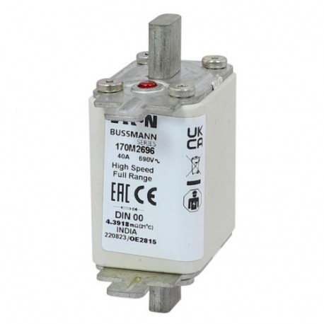 FUSE 40A 690V DIN 00 GR - FUSE 40A 690V DIN 00 GR 170M2696 EATON ELECTRIC Fuse-link, high speed, 40 A, AC 690 V, DIN 00, 30 x 67 x 100..