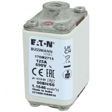 FUSE 125A 690V 00BN/60 AR - FUSE 125A 690V 00BN/60 AR 170M2715 EATON ELECTRIC Fuse-link, high speed, 125 A, AC 690 V, size 00, 30 x 48 x..