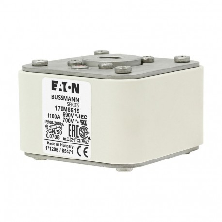 FUSE 1100A 690V 3GN/50 AR UC - FUSE 1100A 690V 3GN/50 AR UC 170M6515 EATON ELECTRIC Fuse-link, high speed, 1100 A, AC 690 V, size 3, 76 x 9..