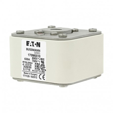 FUSE 630A 690V 3GN/50 AR UC - FUSE 630A 690V 3GN/50 AR UC 170M6510 EATON ELECTRIC Fuse-link, high speed, 630 A, AC 690 V, size 3, 76 x 92 ..
