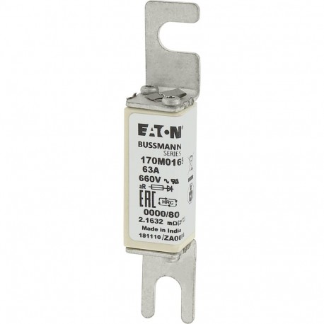 FUSE 63A 660V 0000/80 AR UR - FUSE 63A 660V 0000/80 AR UR 170M0165 EATON ELECTRIC Fuse-link, high speed, 63 A, AC 660 V, size 0000, 18 x 1..