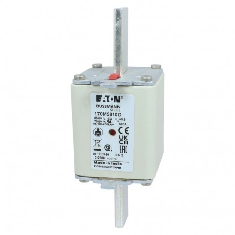 FUSE 500A 690V aR DIN 2 HSDNH - FUSE 500A 690V aR DIN 2 HSDNH 170M5810D EATON ELECTRIC Fuse-link, high speed, 500 A, AC 690 V, DIN 2, 61 x 6..