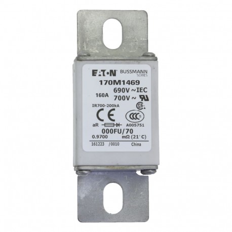FUSE 160A 690V 000FU/70 AR UR - FUSE 160A 690V 000FU/70 AR UR 170M1469 EATON ELECTRIC Fuse-link, high speed, 160 A, AC 690 V, size 000, 24 x..