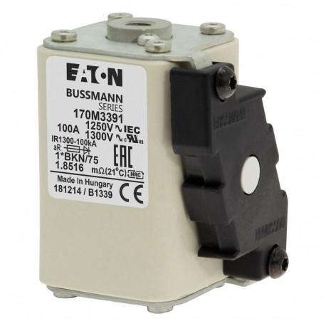 FUSE 100A 1250V 1*BKN/75 AR CU - FUSE 100A 1250V 1*BKN/75 AR CU 170M3391 EATON ELECTRIC Fuse-link, high speed, 100 A, AC 1250 V, compact size..